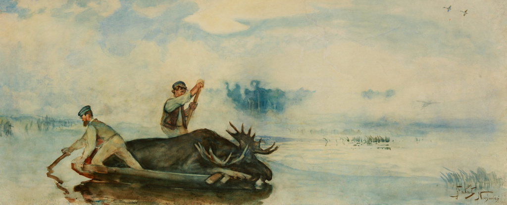 Юльян Фалат. 1853–1929Паляўнічыя на рацэ з забітым ласём. Не раней за 1886Папера, акварэль Юльян Фалат. 1853–1929Паляўнічыя на рацэ з забітым ласём. Не раней за 1886Папера, акварэль
